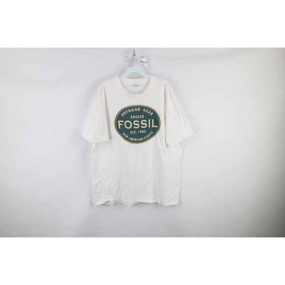 Vintage 90s Fossil Mens XL Spell Out Center Logo Short Sleeve T-Shirt White USA - Picture 1 of 10